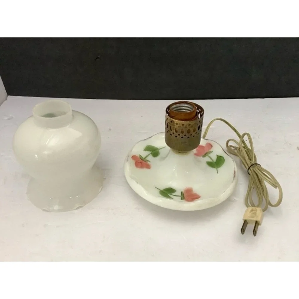 Vintage Milk Glass Hurricane Lamp Hand Painted Pink Roses Ruffled Boudoir Light